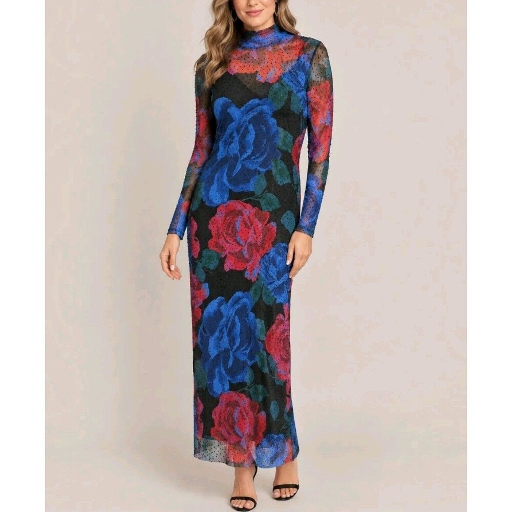 AFRM Los Angeles Marni Floral Midnight Roses Rhinestone Mesh Maxi Dress - L